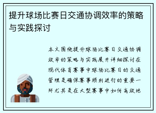 提升球场比赛日交通协调效率的策略与实践探讨