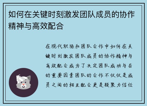 如何在关键时刻激发团队成员的协作精神与高效配合